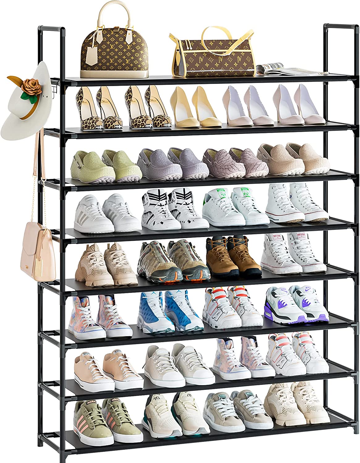 8 Tier Shoe Organizer, 33.3in Wide x 11.2in Deep x 55.7in Tall, Black Metal and Plastic Shoe Rack, Holds up to 32-40 Pairs of Shoes
