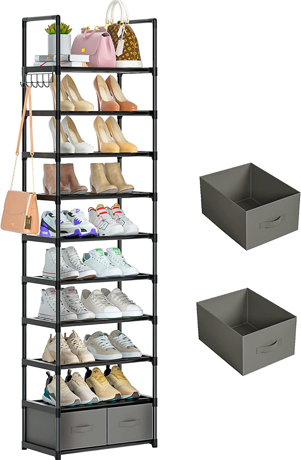OYREL Sturdy Metal Narrow Shoe Rack Organizer for Closets,Shoe Stand,Shoe Shelf (10 Tier with 2 Boxes and 1 Hook)