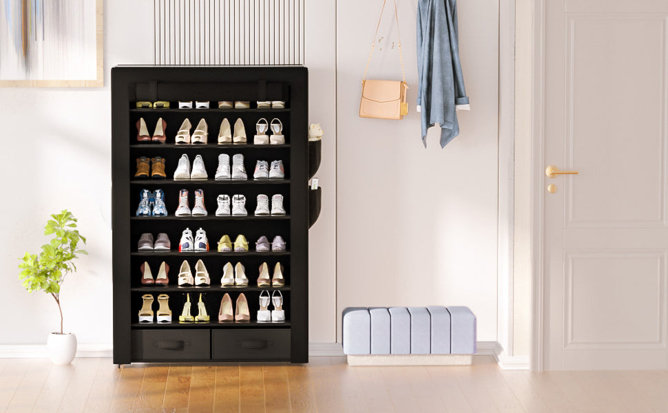 OYREL Shoe Rack Storage Cabinet 32 Pairs Organizer Shelf Tall Zapateras for Shoes Large Free Standing Racks Vertical Black Holder Stand with Cover Two Boxes Closet, 8Tier Long