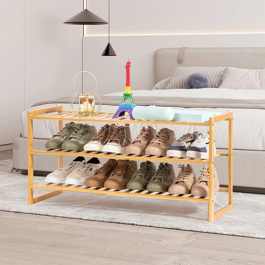 Shoe Rack 3 Tier, Natural Bamboo Stackable Shoe Shelf Shoe Storage Organizer Wooden Shoe Rack for Entryway, Hallway, and Closet Shoe Stand