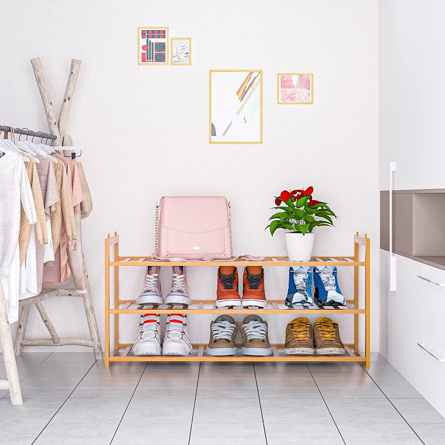 Shoe Rack Bamboo, Stackable Shoe Organizer,3 Tier Shoe Storage,Wooden