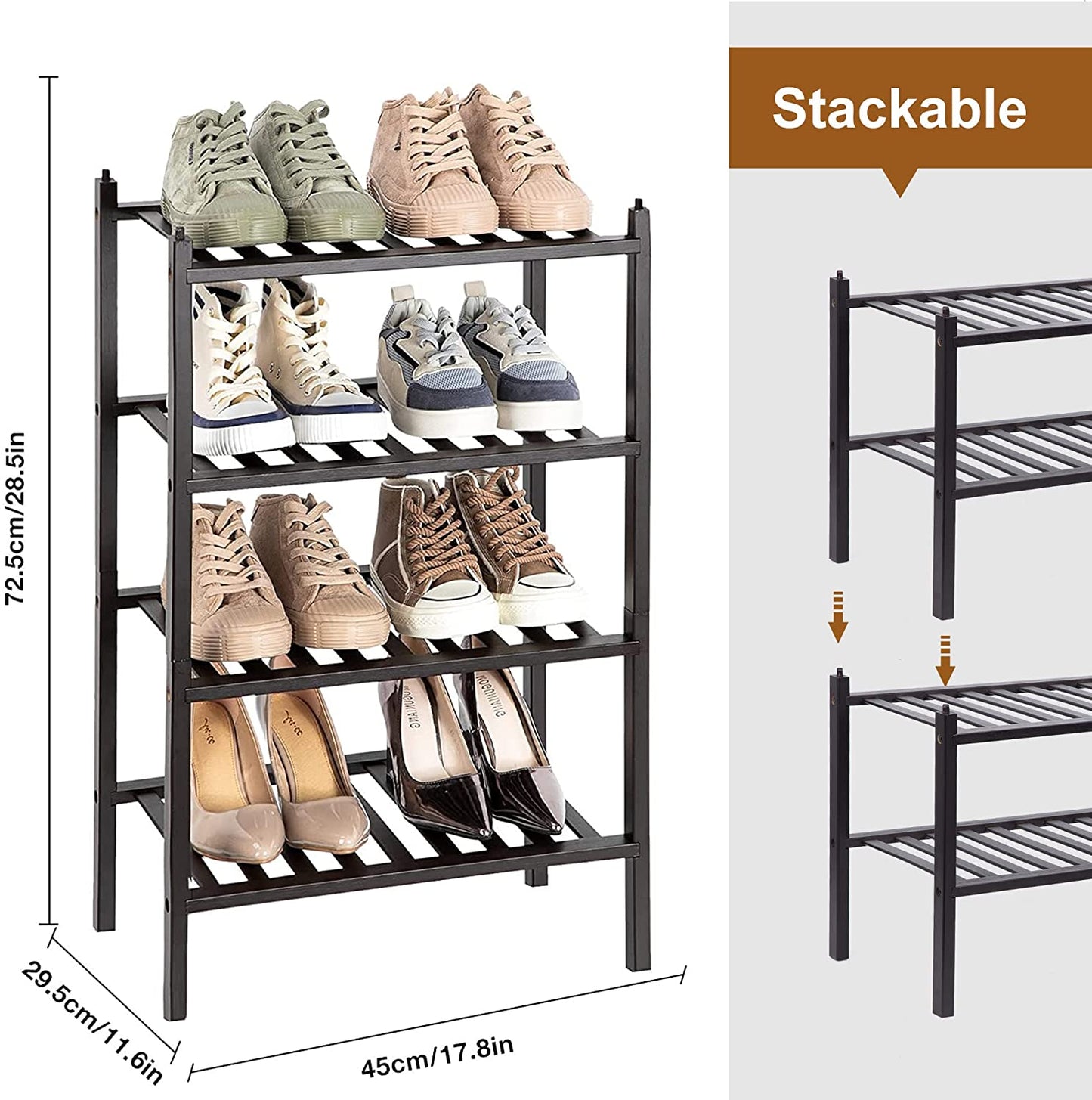 Narrow Shoe Rack for Closet,Sturdy Small Shoe Rack Organizer,4 Tier Stackable Shoe Storage for Small Space,Beautiful Natural Bamboo Shoe Rack Entryway