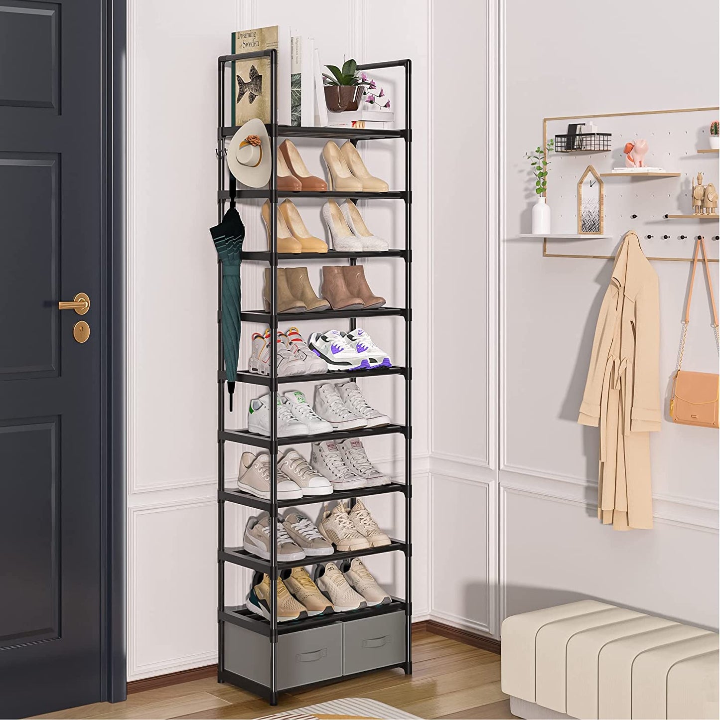 OYREL Sturdy Metal Narrow Shoe Rack Organizer for Closets,Shoe Stand,Shoe Shelf (10 Tier with 2 Boxes and 1 Hook)