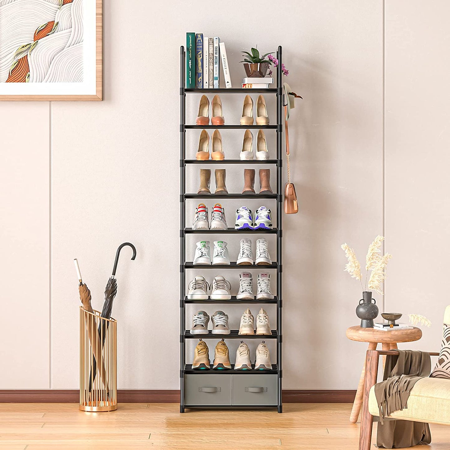 OYREL Sturdy Metal Narrow Shoe Rack Organizer for Closets,Shoe Stand,Shoe Shelf (10 Tier with 2 Boxes and 1 Hook)