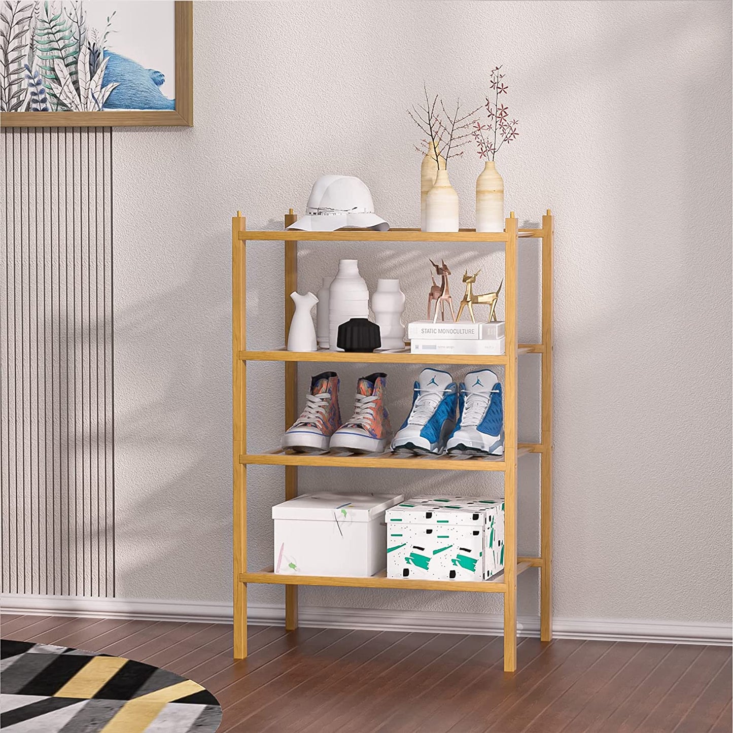 Narrow Shoe Rack for Closet,Sturdy Small Shoe Rack Organizer,4 Tier Stackable Shoe Storage for Small Space,Beautiful Natural Bamboo Shoe Rack Entryway