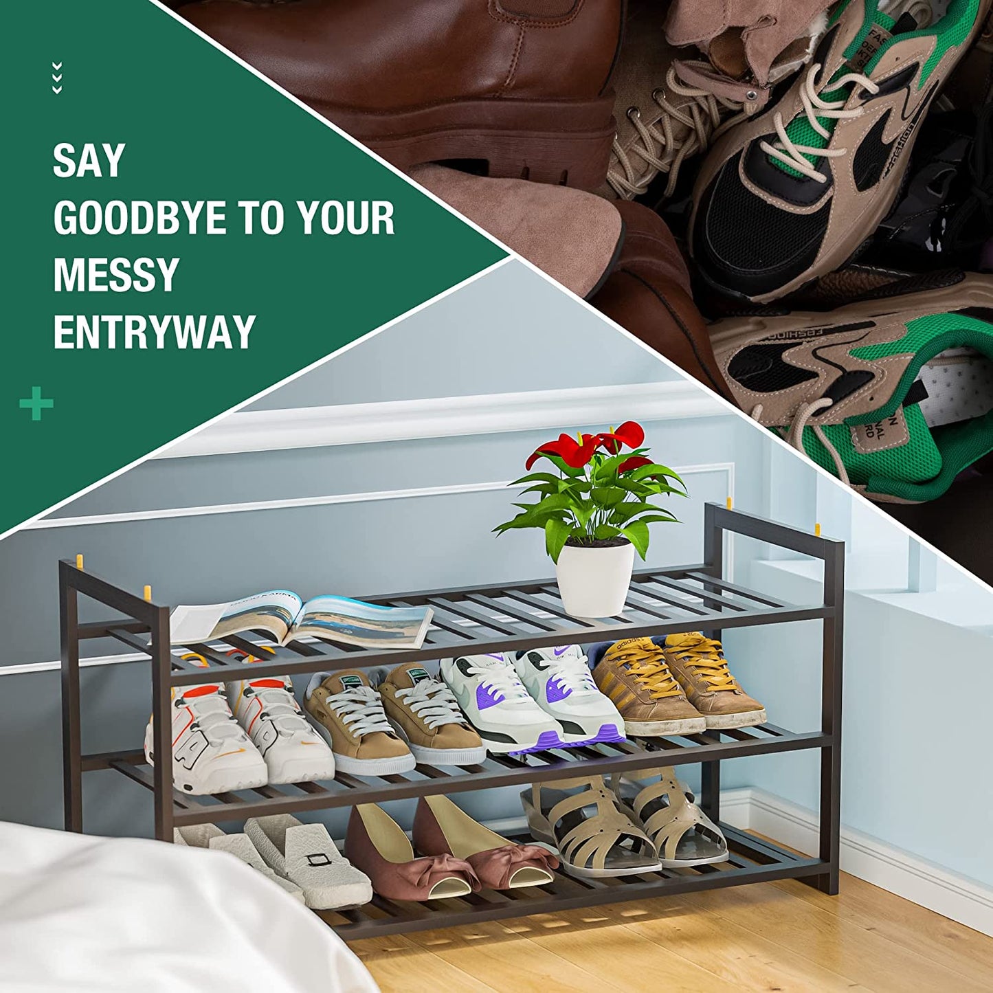 Shoe Rack Bamboo, Stackable Shoe Organizer,3 Tier Shoe Storage,Wooden Shoe Rack for Closet,Entryway,Durable Shoe Shelf,Hallway,Living Room,Free Standing Shoe Racks Organizer,Shoe Holder,Large Capacity