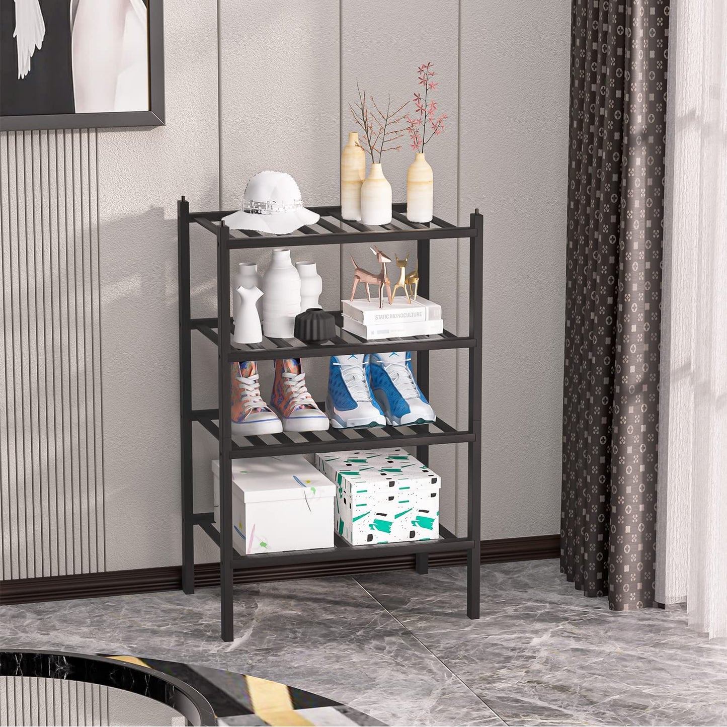 Narrow Shoe Rack for Closet,Sturdy Small Shoe Rack Organizer,4 Tier Stackable Shoe Storage for Small Space,Beautiful Natural Bamboo Shoe Rack Entryway