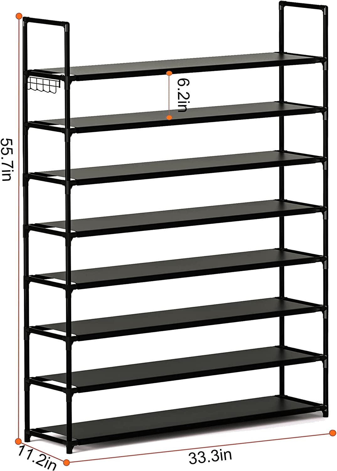 8 Tier Shoe Organizer, 33.3in Wide x 11.2in Deep x 55.7in Tall, Black Metal and Plastic Shoe Rack, Holds up to 32-40 Pairs of Shoes