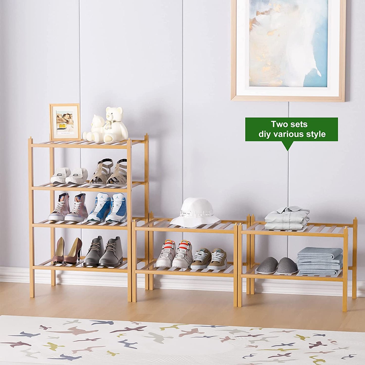 Narrow Shoe Rack for Closet,Sturdy Small Shoe Rack Organizer,4 Tier Stackable Shoe Storage for Small Space,Beautiful Natural Bamboo Shoe Rack Entryway