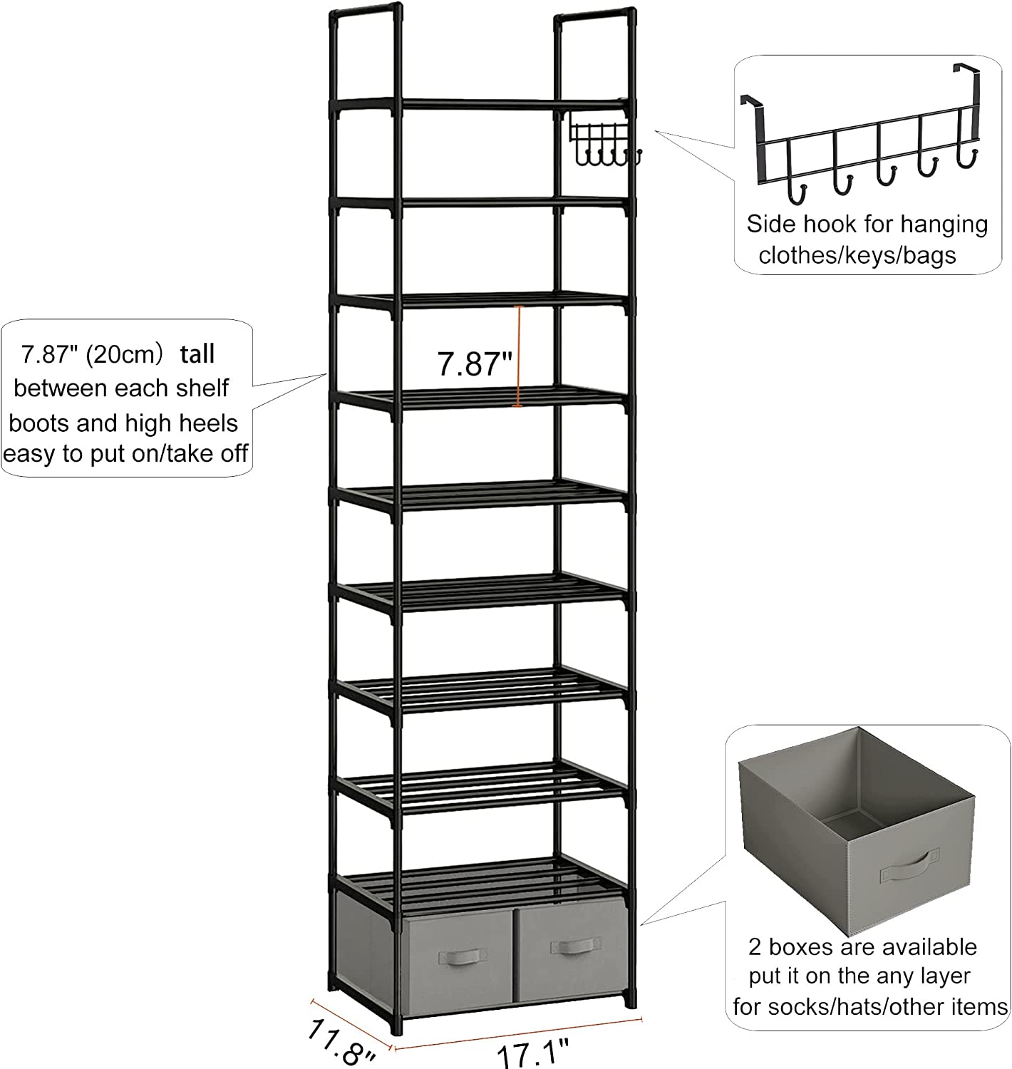 OYREL Sturdy Metal Narrow Shoe Rack Organizer for Closets,Shoe Stand,Shoe Shelf (10 Tier with 2 Boxes and 1 Hook)