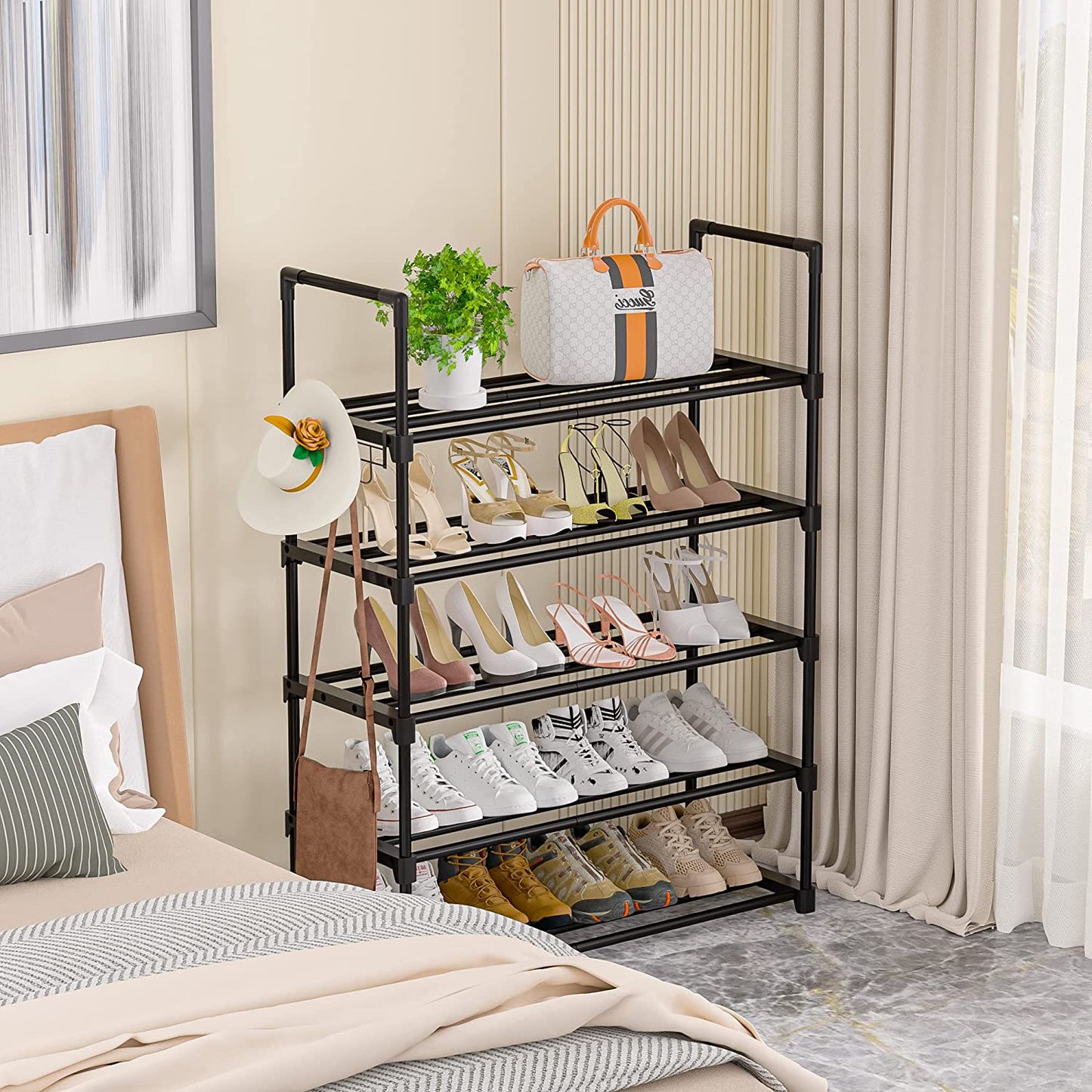 OYREL Shoe Rack for Closet Sturdy Storage Metal Organizer Entryway Shoes Over The Door Shelf Zapateras Free Standing Racks, Large, Black, 5 TIER