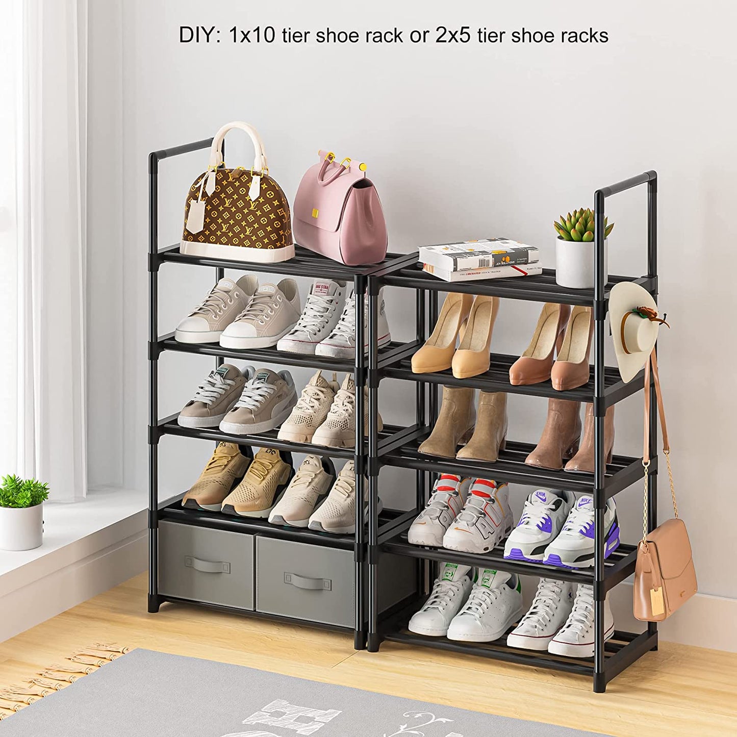 OYREL Sturdy Metal Narrow Shoe Rack Organizer for Closets,Shoe Stand,Shoe Shelf (10 Tier with 2 Boxes and 1 Hook)