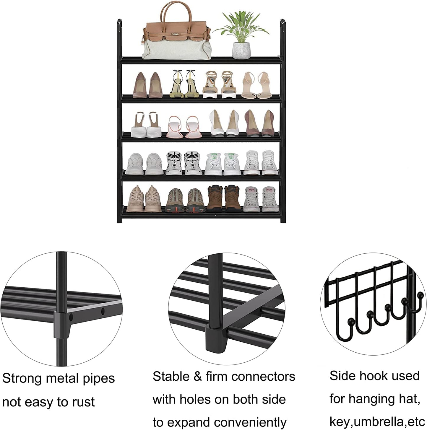 OYREL Shoe Rack for Closet Sturdy Storage Metal Organizer Entryway Shoes Over The Door Shelf Zapateras Free Standing Racks, Large, Black, 5 TIER