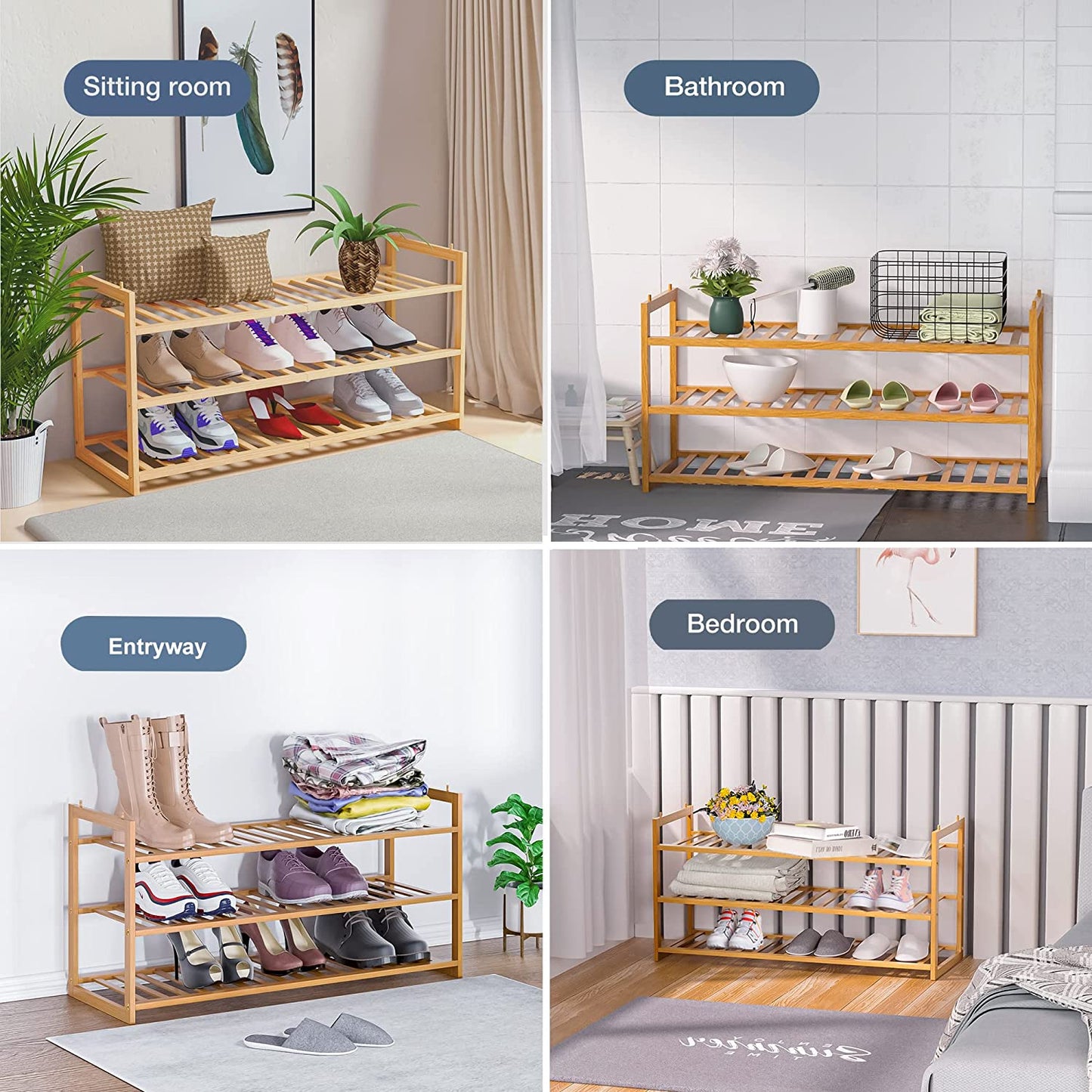 Shoe Rack Bamboo, Stackable Shoe Organizer,3 Tier Shoe Storage,Wooden Shoe Rack for Closet,Entryway,Durable Shoe Shelf,Hallway,Living Room,Free Standing Shoe Racks Organizer,Shoe Holder,Large Capacity