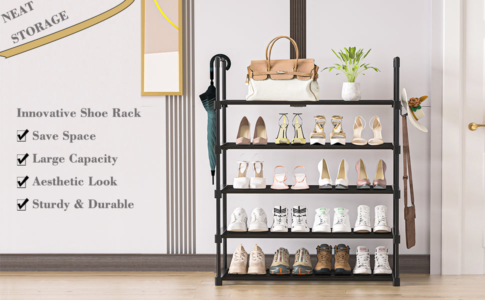 OYREL Shoe Rack for Closet Sturdy Storage Metal Organizer Entryway Shoes Over The Door Shelf Zapateras Free Standing Racks, Large, Black, 5 TIER