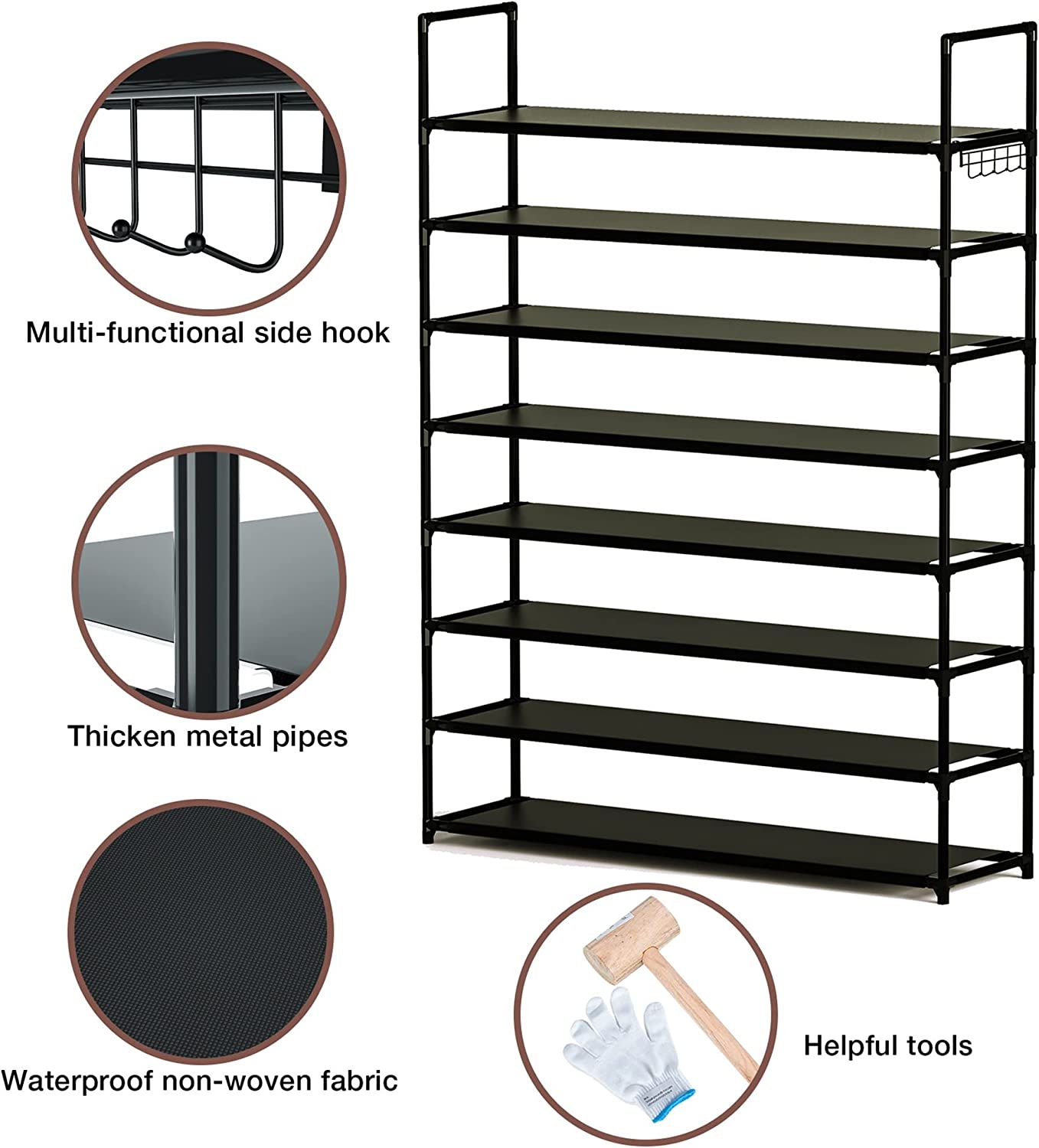 8 Tier Shoe Organizer, 33.3in Wide x 11.2in Deep x 55.7in Tall, Black Metal and Plastic Shoe Rack, Holds up to 32-40 Pairs of Shoes