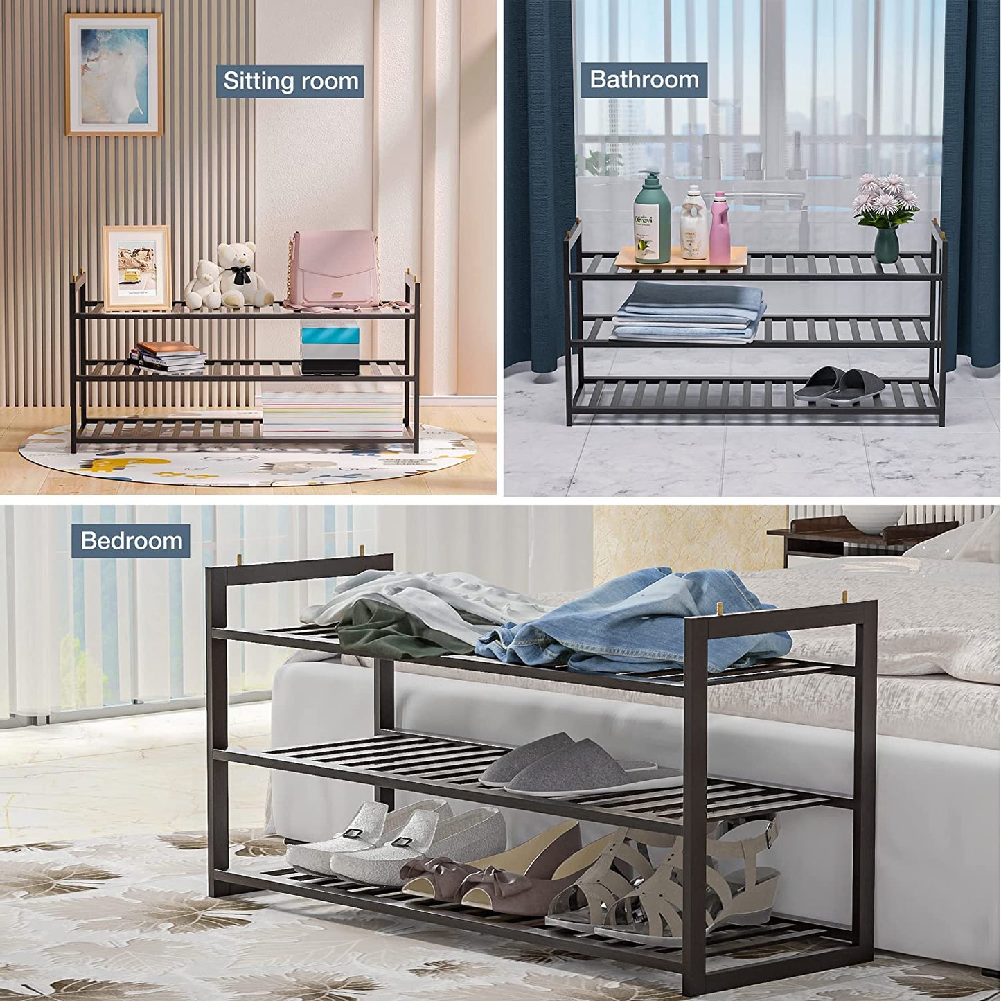 Shoe Rack Bamboo, Stackable Shoe Organizer,3 Tier Shoe Storage,Wooden Shoe Rack for Closet,Entryway,Durable Shoe Shelf,Hallway,Living Room,Free Standing Shoe Racks Organizer,Shoe Holder,Large Capacity