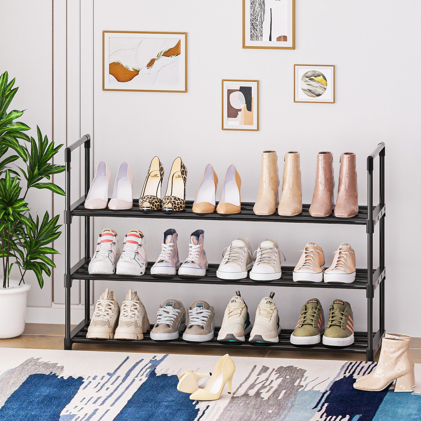 OYREL Shoe Rack for Closet Sturdy Storage Metal Organizer Entryway Shoes Over The Door Shelf Zapateras Free Standing Racks,3 Tier Large Rack, Black