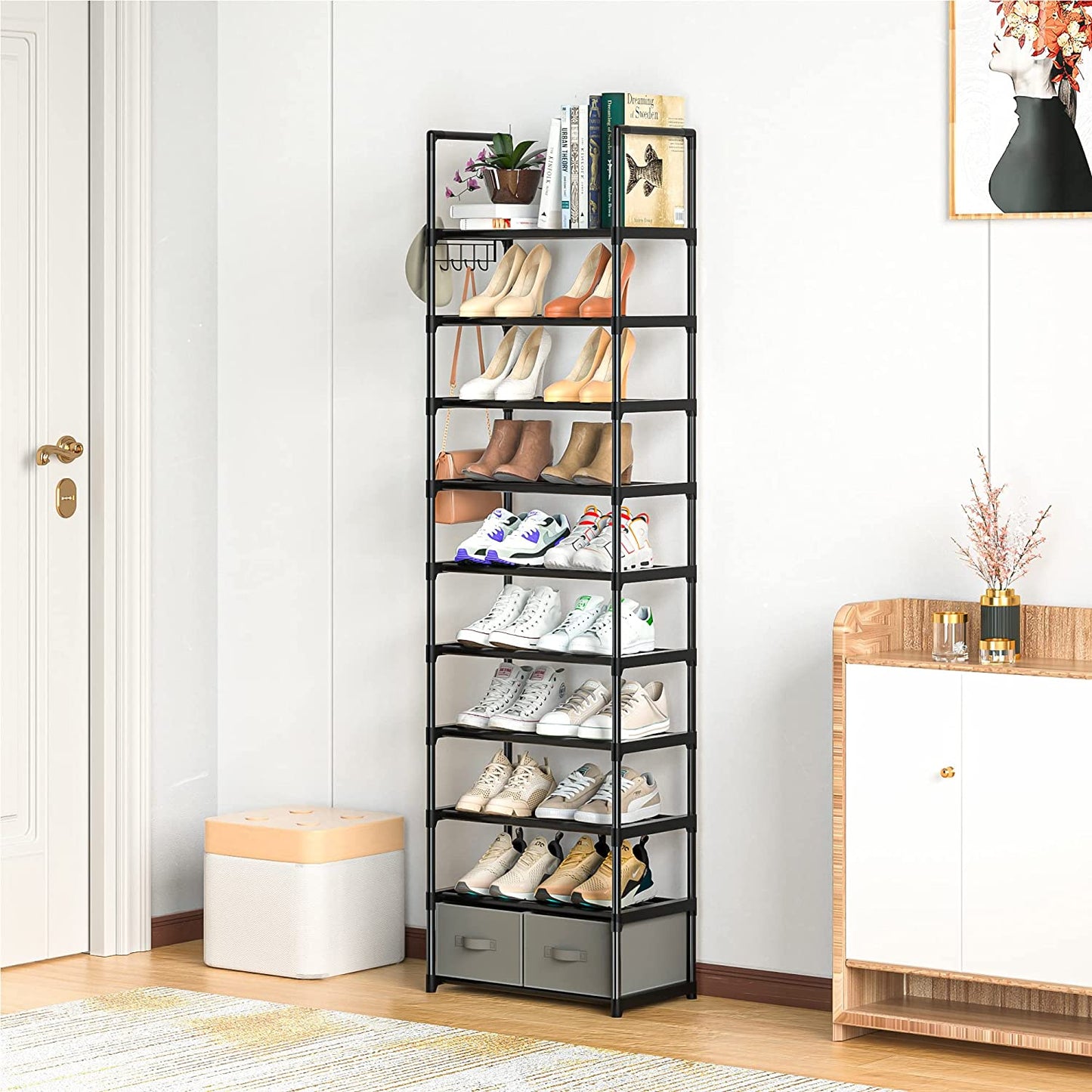 OYREL Sturdy Metal Narrow Shoe Rack Organizer for Closets,Shoe Stand,Shoe Shelf (10 Tier with 2 Boxes and 1 Hook)
