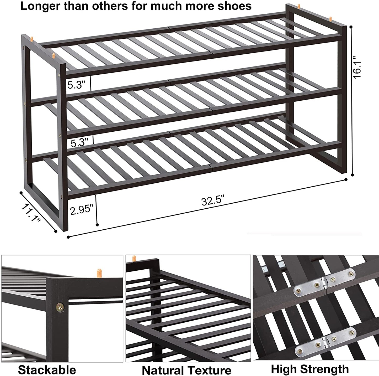 Shoe Rack 3 Tier, Natural Bamboo Stackable Shoe Shelf Shoe Storage Organizer Wooden Shoe Rack for Entryway, Hallway, and Closet Shoe Stand