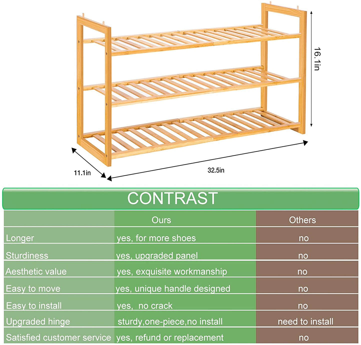 Shoe Rack Bamboo, Stackable Shoe Organizer,3 Tier Shoe Storage,Wooden Shoe Rack for Closet,Entryway,Durable Shoe Shelf,Hallway,Living Room,Free Standing Shoe Racks Organizer,Shoe Holder,Large Capacity