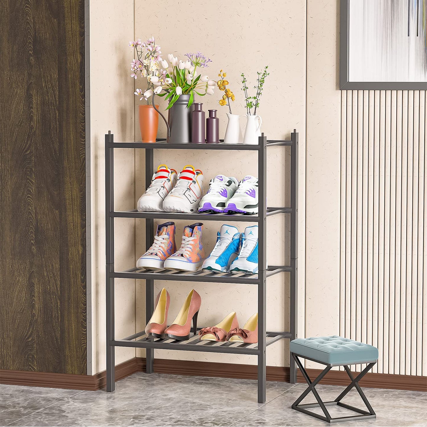 Narrow Shoe Rack for Closet,Sturdy Small Shoe Rack Organizer,4 Tier Stackable Shoe Storage for Small Space,Beautiful Natural Bamboo Shoe Rack Entryway
