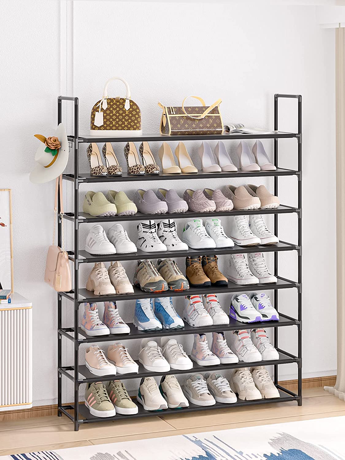 8 Tier Shoe Organizer, 33.3in Wide x 11.2in Deep x 55.7in Tall, Black Metal and Plastic Shoe Rack, Holds up to 32-40 Pairs of Shoes