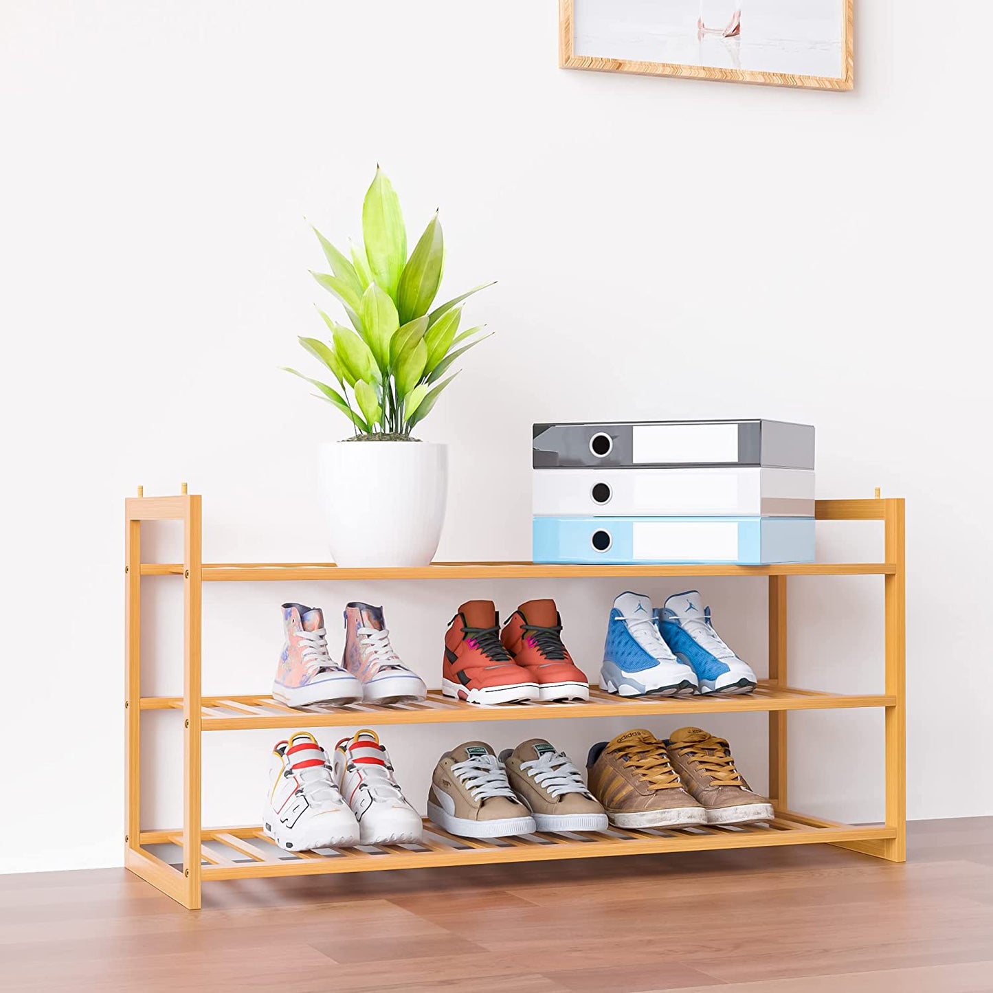 Shoe Rack Bamboo, Stackable Shoe Organizer,3 Tier Shoe Storage,Wooden Shoe Rack for Closet,Entryway,Durable Shoe Shelf,Hallway,Living Room,Free Standing Shoe Racks Organizer,Shoe Holder,Large Capacity