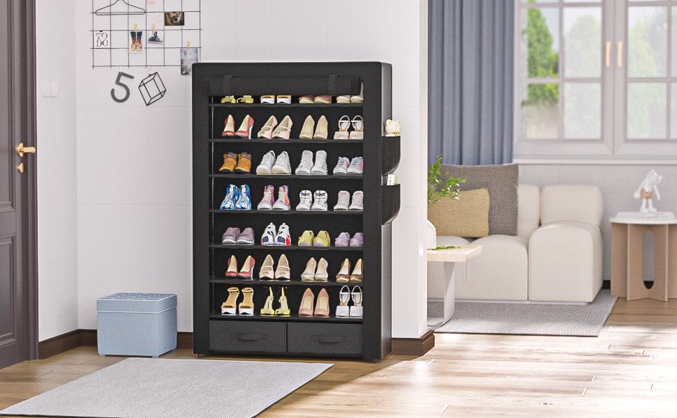 OYREL Shoe Rack Storage Cabinet 32 Pairs Organizer Shelf Tall Zapateras for Shoes Large Free Standing Racks Vertical Black Holder Stand with Cover Two Boxes Closet, 8Tier Long