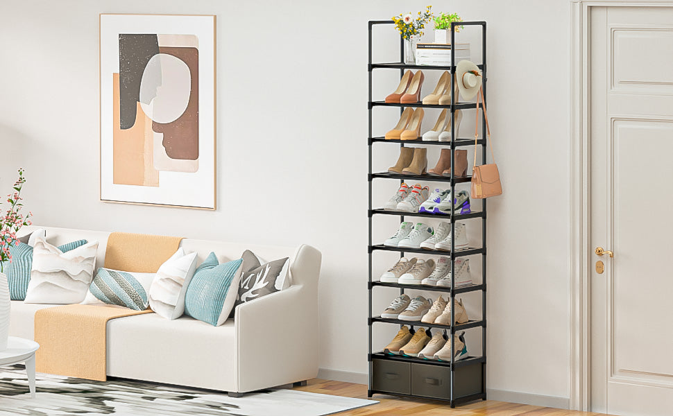 OYREL Sturdy Metal Narrow Shoe Rack Organizer for Closets,Shoe Stand,Shoe Shelf (10 Tier with 2 Boxes and 1 Hook)