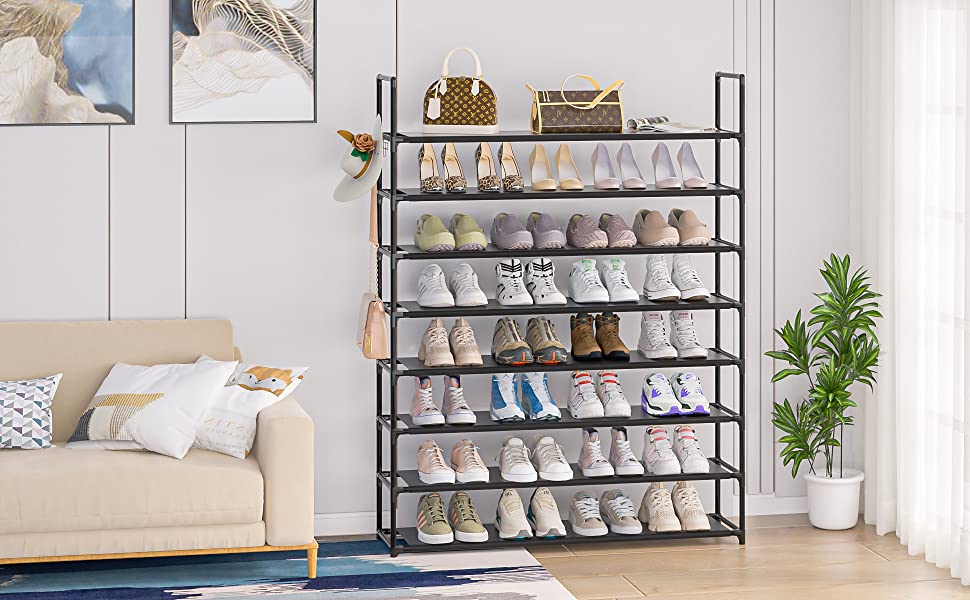 8 Tier Shoe Organizer, 33.3in Wide x 11.2in Deep x 55.7in Tall, Black Metal and Plastic Shoe Rack, Holds up to 32-40 Pairs of Shoes