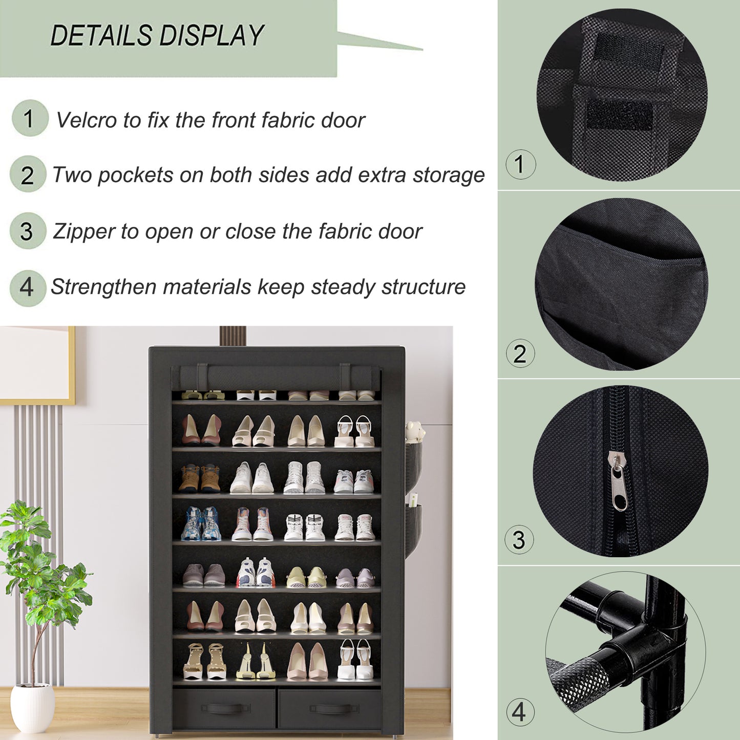 OYREL Shoe Rack Storage Cabinet 32 Pairs Organizer Shelf Tall Zapateras for Shoes Large Free Standing Racks Vertical Black Holder Stand with Cover Two Boxes Closet, 8Tier Long