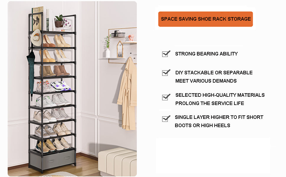 OYREL Sturdy Metal Narrow Shoe Rack Organizer for Closets,Shoe Stand,Shoe Shelf (10 Tier with 2 Boxes and 1 Hook)