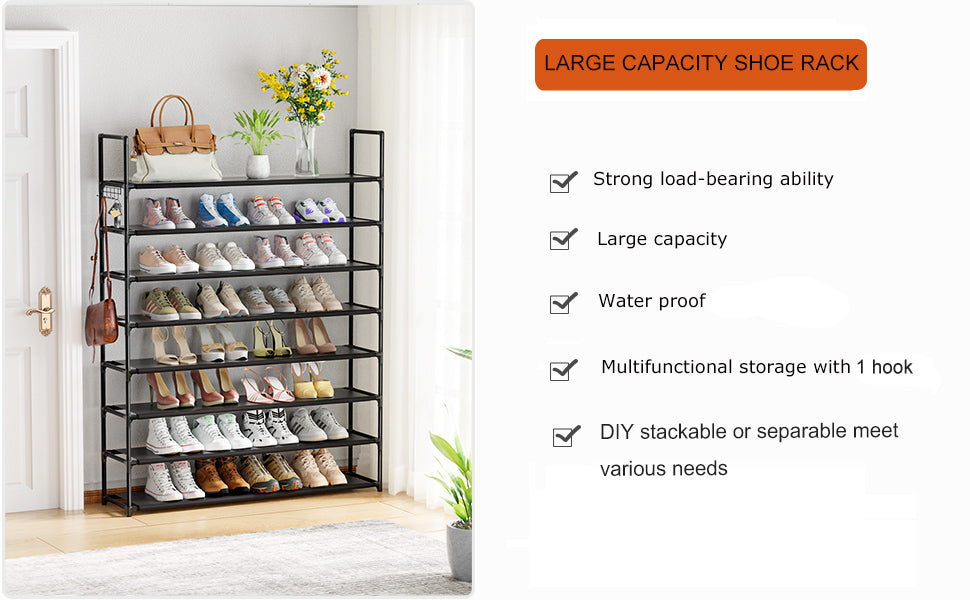 8 Tier Shoe Organizer, 33.3in Wide x 11.2in Deep x 55.7in Tall, Black Metal and Plastic Shoe Rack, Holds up to 32-40 Pairs of Shoes