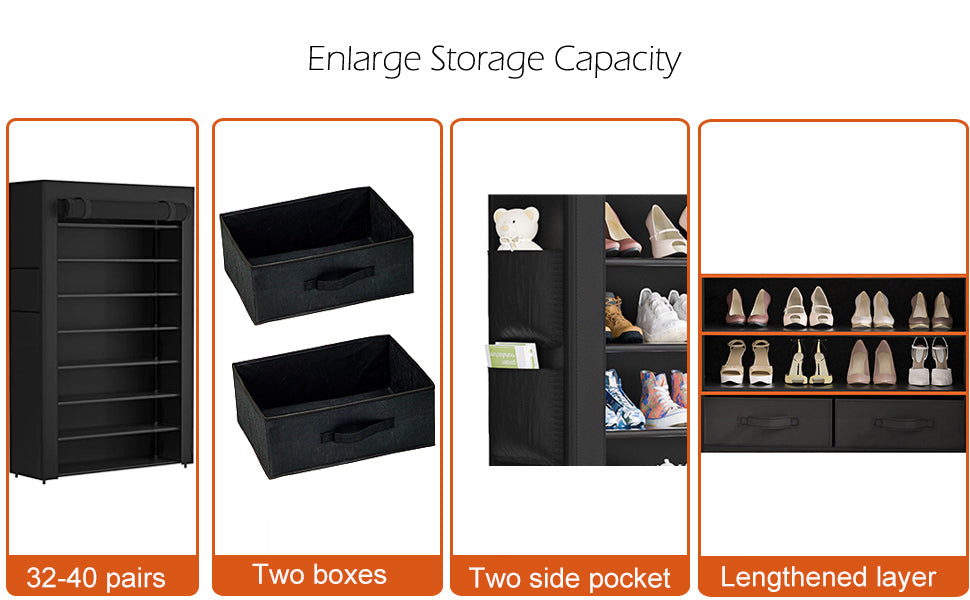 OYREL Shoe Rack Storage Cabinet 32 Pairs Organizer Shelf Tall Zapateras for Shoes Large Free Standing Racks Vertical Black Holder Stand with Cover Two Boxes Closet, 8Tier Long