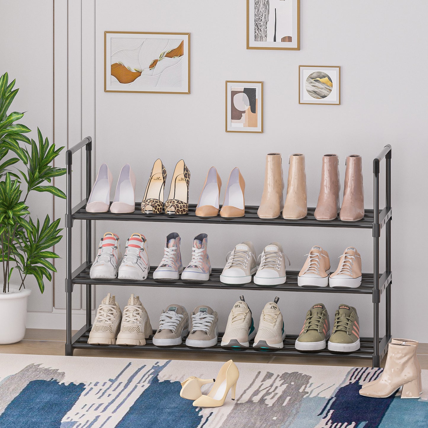 OYREL Shoe Rack for Closet Sturdy Storage Metal Organizer Entryway Shoes Over The Door Shelf Zapateras Free Standing Racks,3 Tier Large Rack, Black