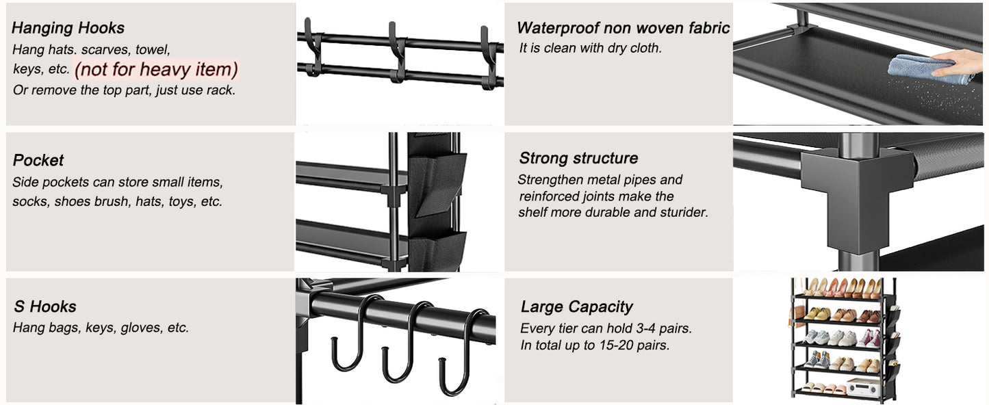 OYREL Shoe Rack 5 Tier Shoe Organizer Storage 15-20 Pairs Shoes Rack for Closet Entrance Shoe Rack Organizer with Hooks and Side Pocket Entryway Shoe Holder Space Saving Free Standing Shoe Racks