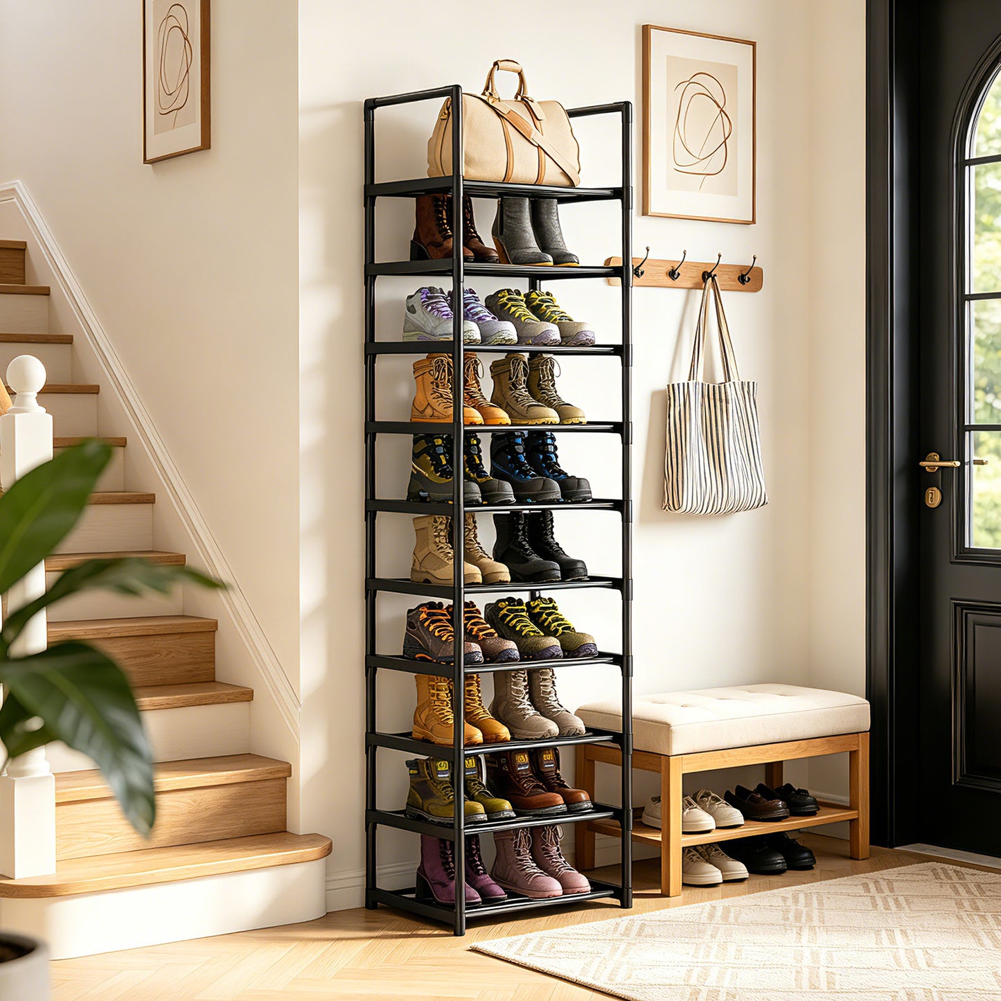 OYREL Shoe Rack, Upgrade Plus Narrow Shoes Storage Organizer, Any Shoes & Boots, Sturdy Metal 10 Tier Tall Organizers Shelf for Closets, Entryway, Stackable Free Standing Racks, Small Space, Bedroom