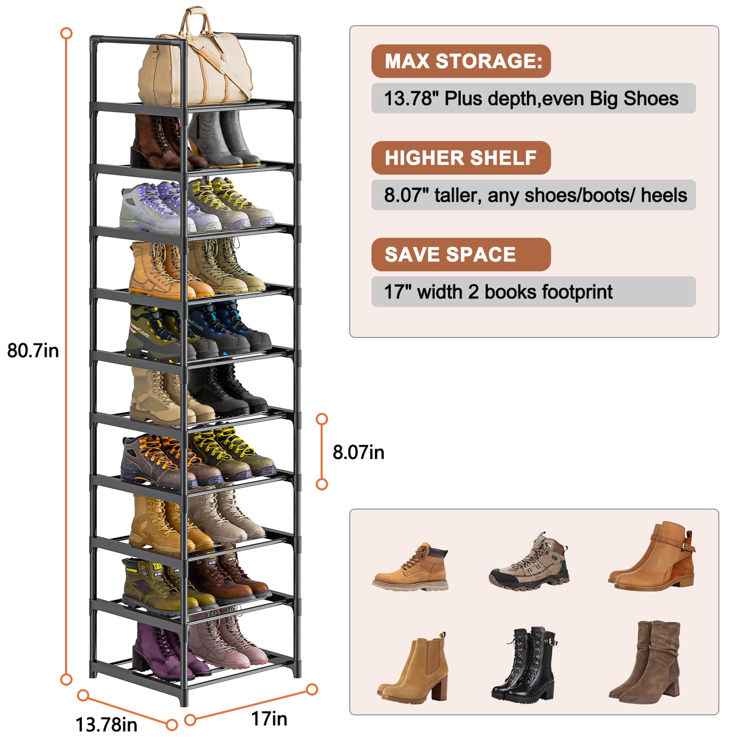 OYREL Shoe Rack, Upgrade Plus Narrow Shoes Storage Organizer, Any Shoes & Boots, Sturdy Metal 10 Tier Tall Organizers Shelf for Closets, Entryway, Stackable Free Standing Racks, Small Space, Bedroom