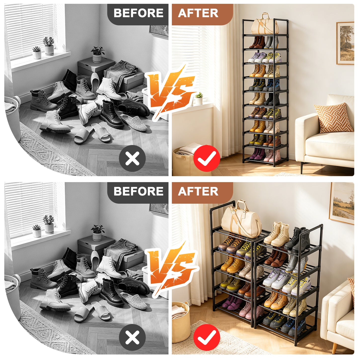 OYREL Shoe Rack, Upgrade Plus Narrow Shoes Storage Organizer, Any Shoes & Boots, Sturdy Metal 10 Tier Tall Organizers Shelf for Closets, Entryway, Stackable Free Standing Racks, Small Space, Bedroom