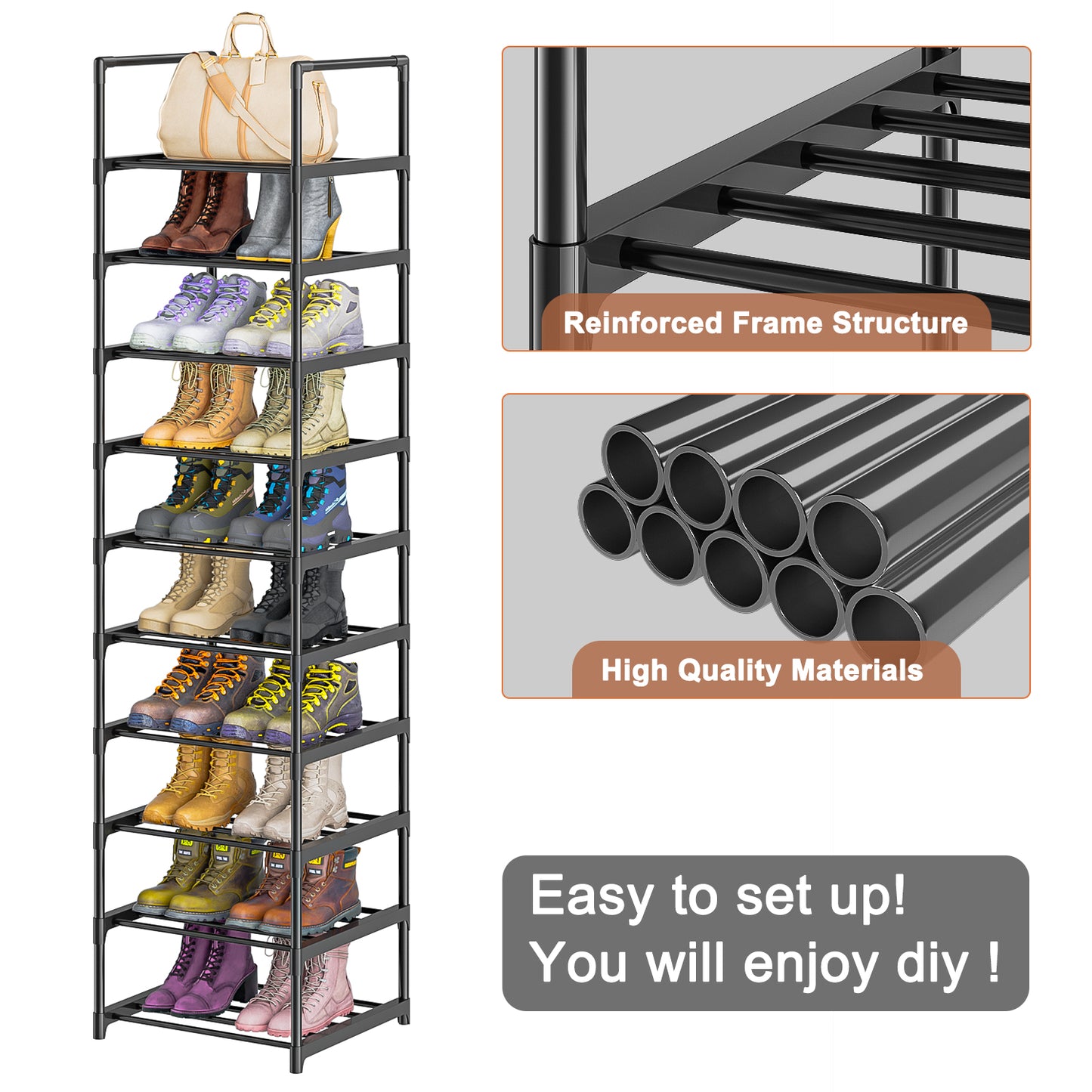 OYREL Shoe Rack, Upgrade Plus Narrow Shoes Storage Organizer, Any Shoes & Boots, Sturdy Metal 10 Tier Tall Organizers Shelf for Closets, Entryway, Stackable Free Standing Racks, Small Space, Bedroom