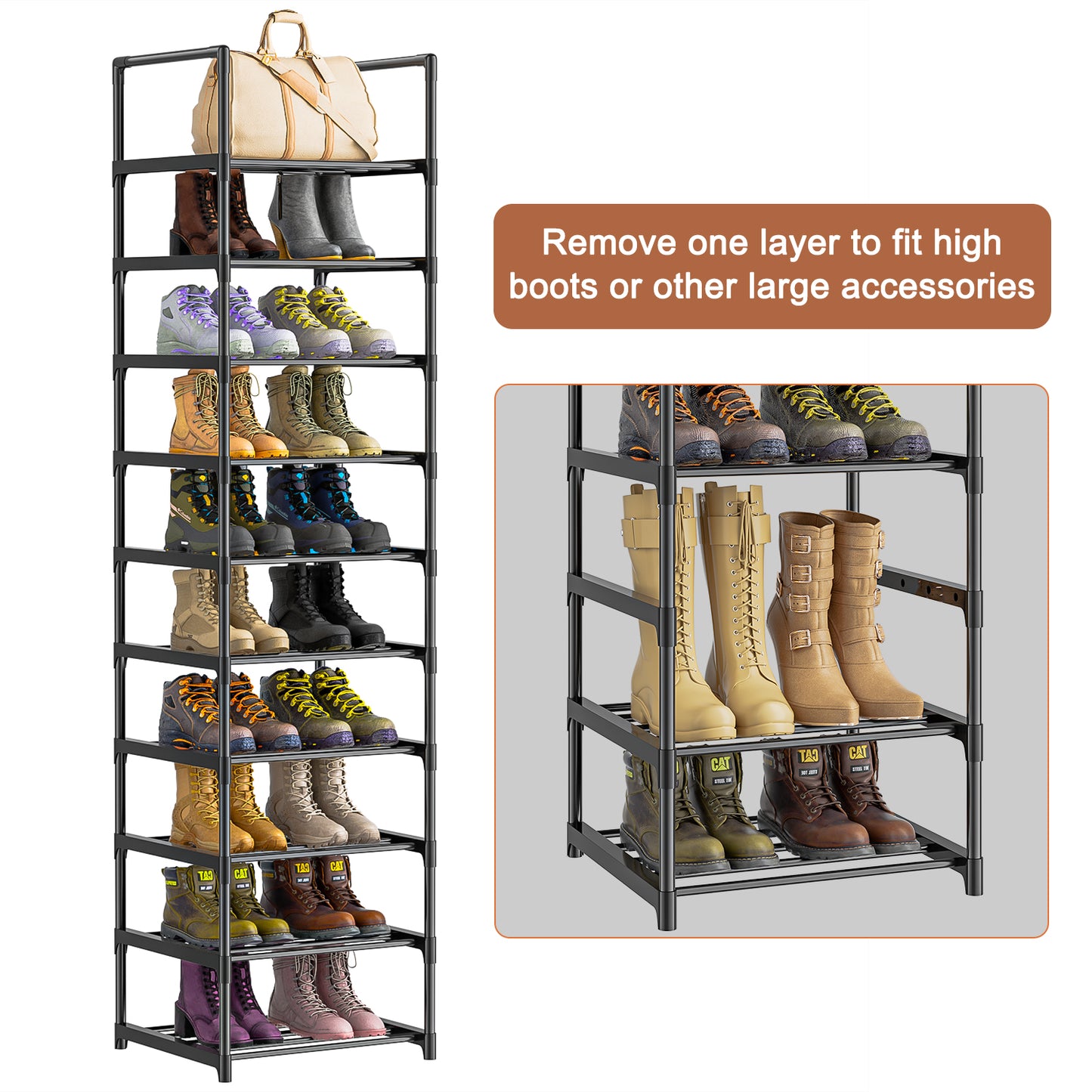OYREL Shoe Rack, Upgrade Plus Narrow Shoes Storage Organizer, Any Shoes & Boots, Sturdy Metal 10 Tier Tall Organizers Shelf for Closets, Entryway, Stackable Free Standing Racks, Small Space, Bedroom
