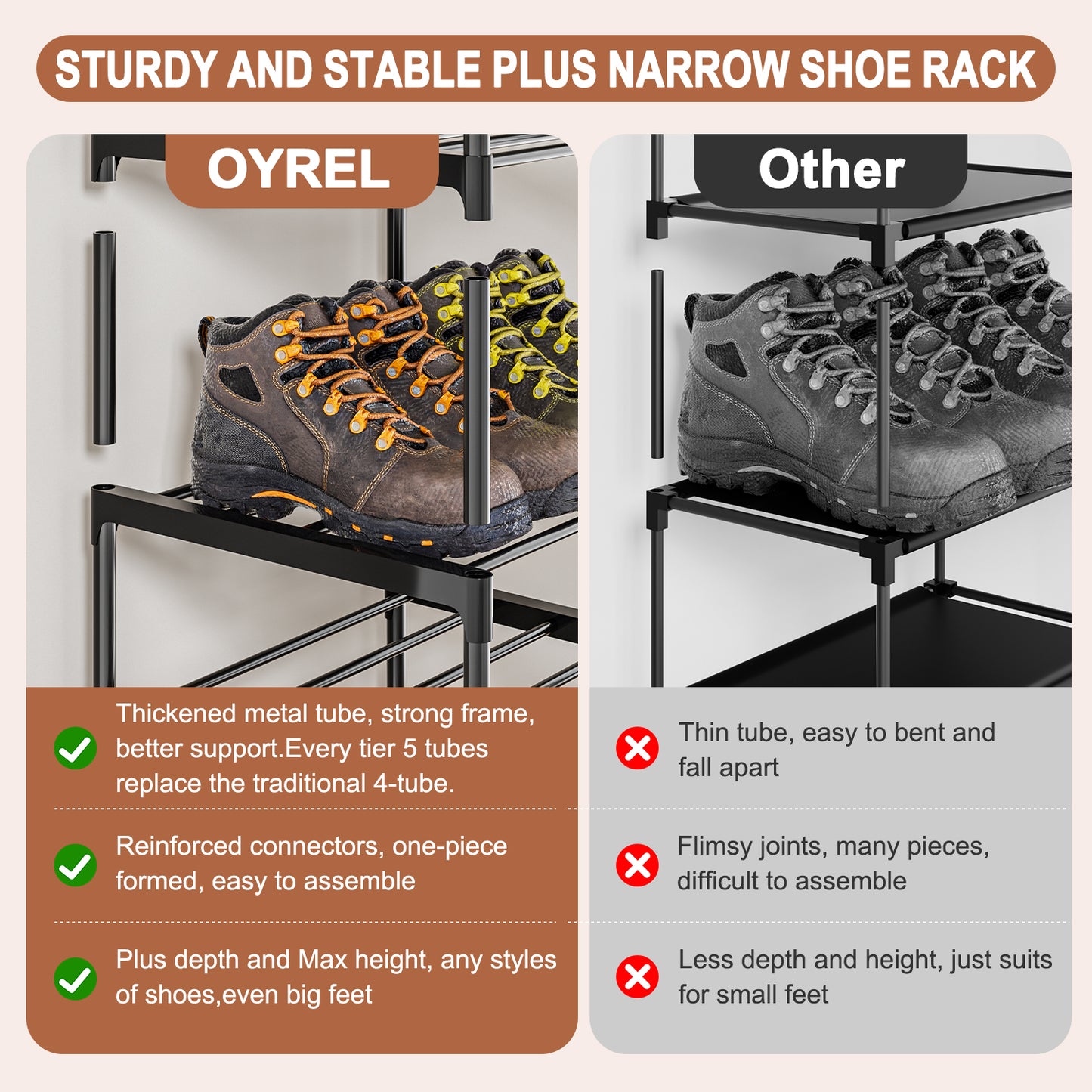 OYREL Shoe Rack, Upgrade Plus Narrow Shoes Storage Organizer, Any Shoes & Boots, Sturdy Metal 10 Tier Tall Organizers Shelf for Closets, Entryway, Stackable Free Standing Racks, Small Space, Bedroom