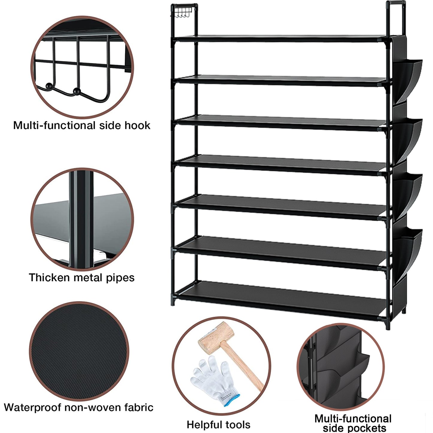 OYREL Shoe Rack 7 Tier 28-35 Pairs Shoes, Shoe Storage Organizer Large with Side Bag Space Saving for Closet, Entryway, Garage, Bedroom Non-Woven Shoe Rack Shelf Black