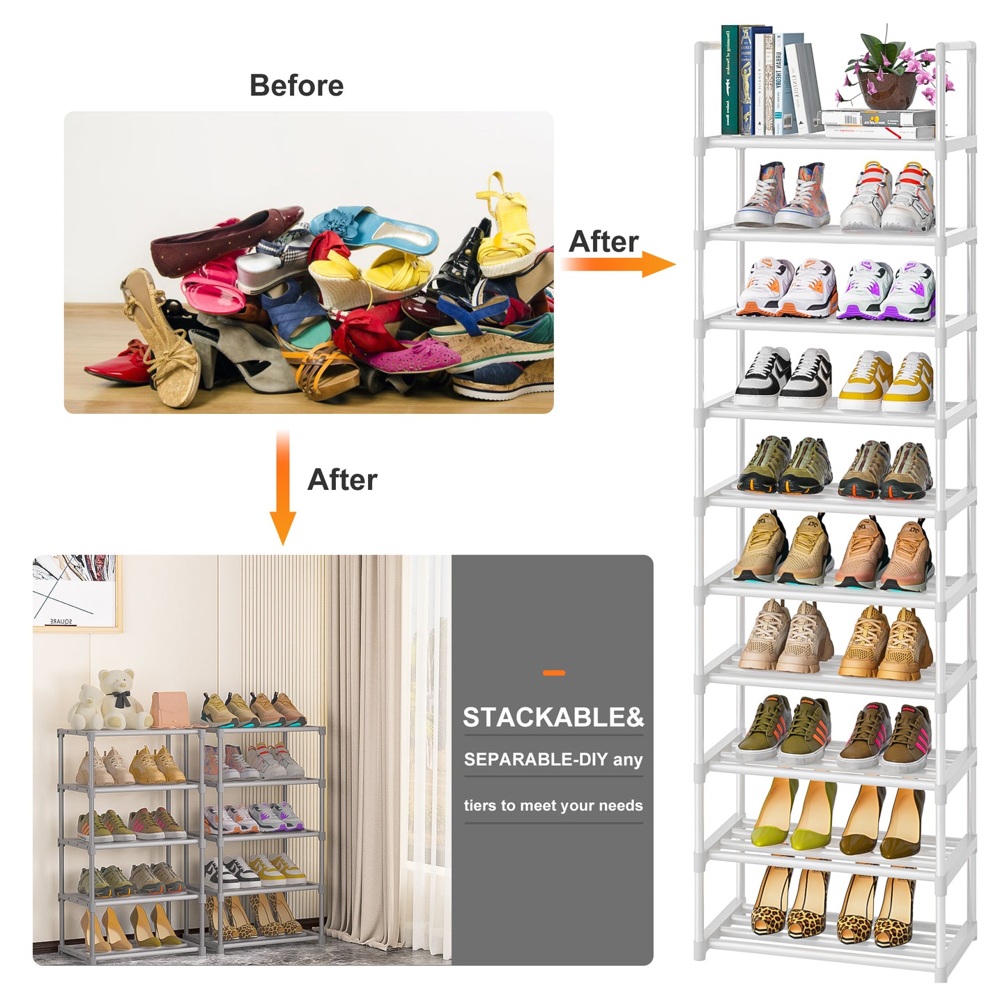 OYREL Tall Shoe Rack for Narrow Space,10 Tier Stackable Shoe Storage Organiser Large Capacity 20-25 Pairs,Premium Metal Frame Shoe Stand,Detachable Shoe Shelf for Hallway,Dressing Room,Bedroom,Closet