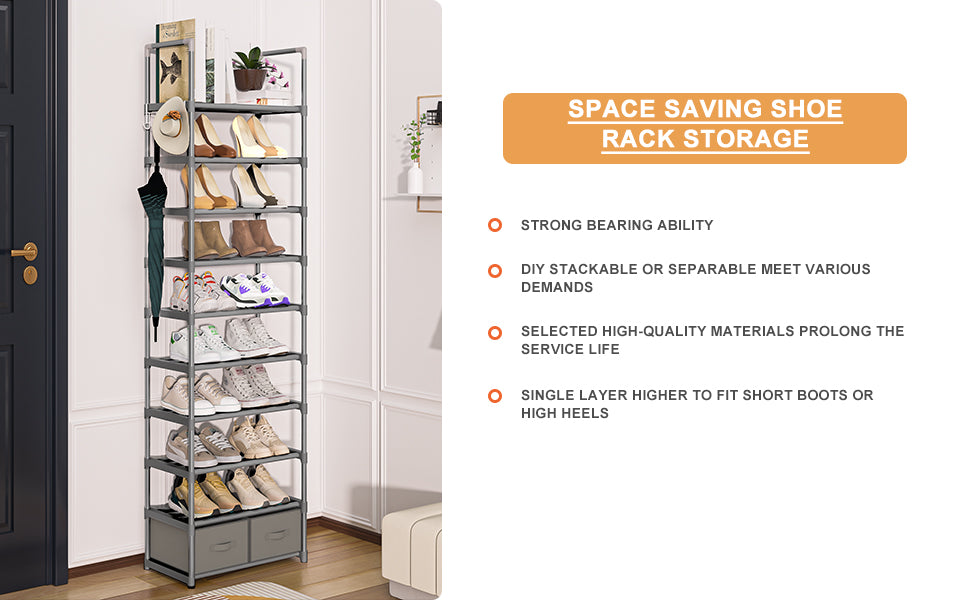 OYREL Shoe Rack, Sturdy Metal Shoes Rack Organizer,Narrow Shoe Rack,Shoe Racks for Closets,Shoes Rack,Shoe Stand,Shoe Shelf (10 Tier with 2 Boxes and 1 Hook)
