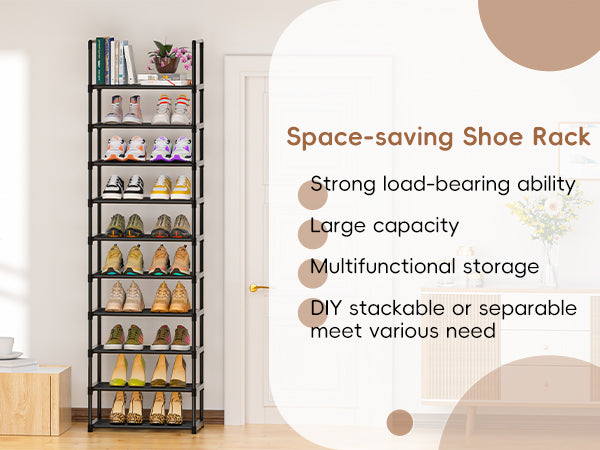 OYREL Shoe Rack, 10 Tier Sturdy Metal Shoe Storage Organizer, Space Saving Narrow Shelf for 10-20 Pairs, Tall Metal Frame Shoe Stand for Entryway, Closet, Garage, Black