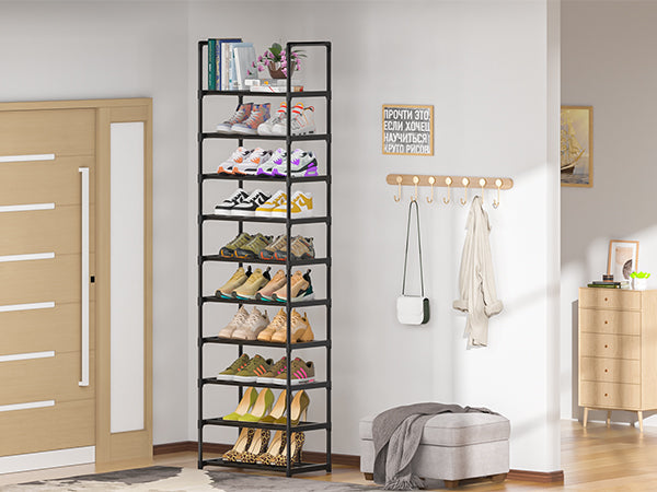 OYREL Shoe Rack, 10 Tier Sturdy Metal Shoe Storage Organizer, Space Saving Narrow Shelf for 10-20 Pairs, Tall Metal Frame Shoe Stand for Entryway, Closet, Garage, Black