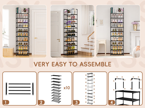 OYREL Shoe Rack, 10 Tier Sturdy Metal Shoe Storage Organizer, Space Saving Narrow Shelf for 10-20 Pairs, Tall Metal Frame Shoe Stand for Entryway, Closet, Garage, Black