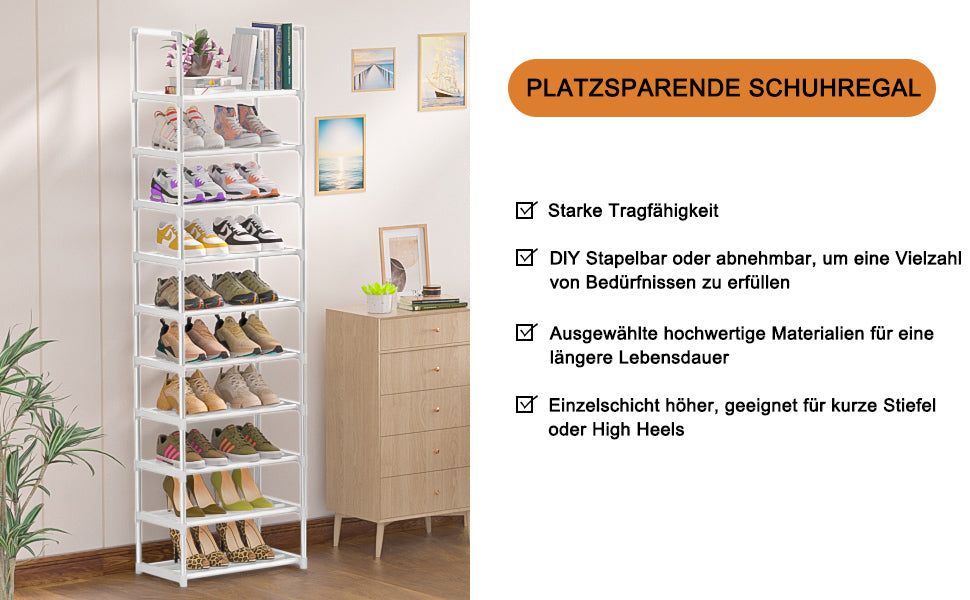 OYREL Schuhregal mit 10 Ebenen, schmal platzsparend, Shoe Rack, Schuhschrank hoch, Schuhablage aus Metall, Schuhaufbewahrung für Flur und Schrank, 45 cm breit, Schuhständer Weiß